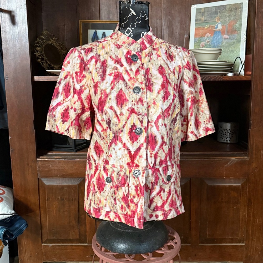 Chico's Shirt Jacket Womens 1 M Pink Ikat Linen Blend Excellent Short Sleeve